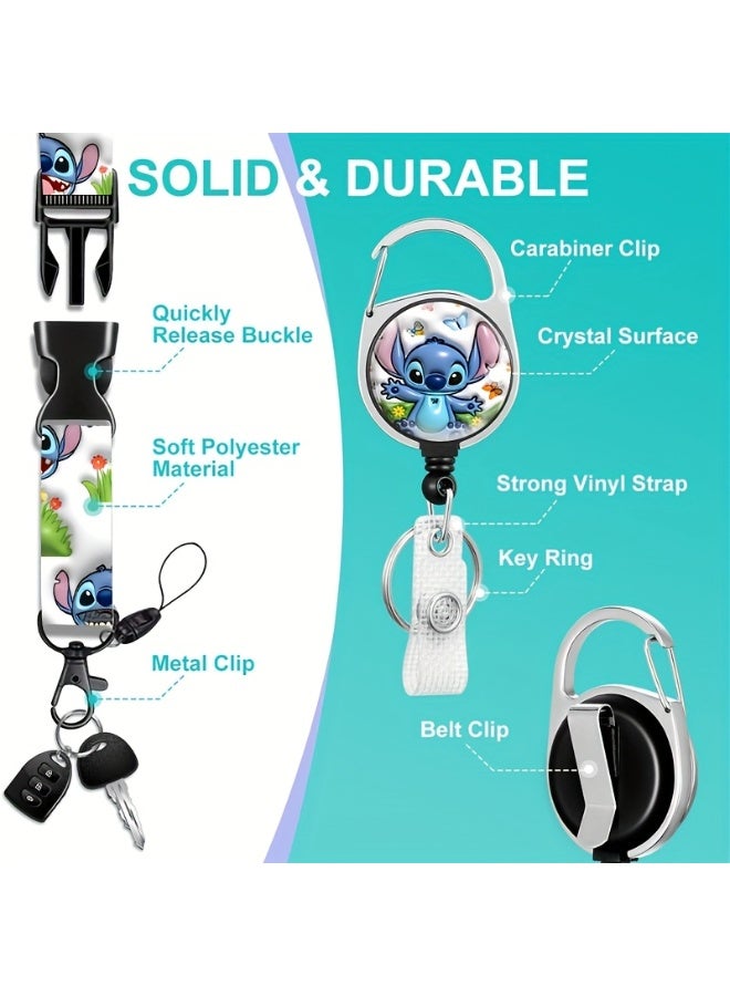 Disney A 3-in-1 Disney Stitch logo white plastic ID holder with a butterfly, featuring a lanyard, retractable ID roll, keychain, and extension chain - suitable for workers, students, bus drivers, doctors, nurses, and more. - Image 4